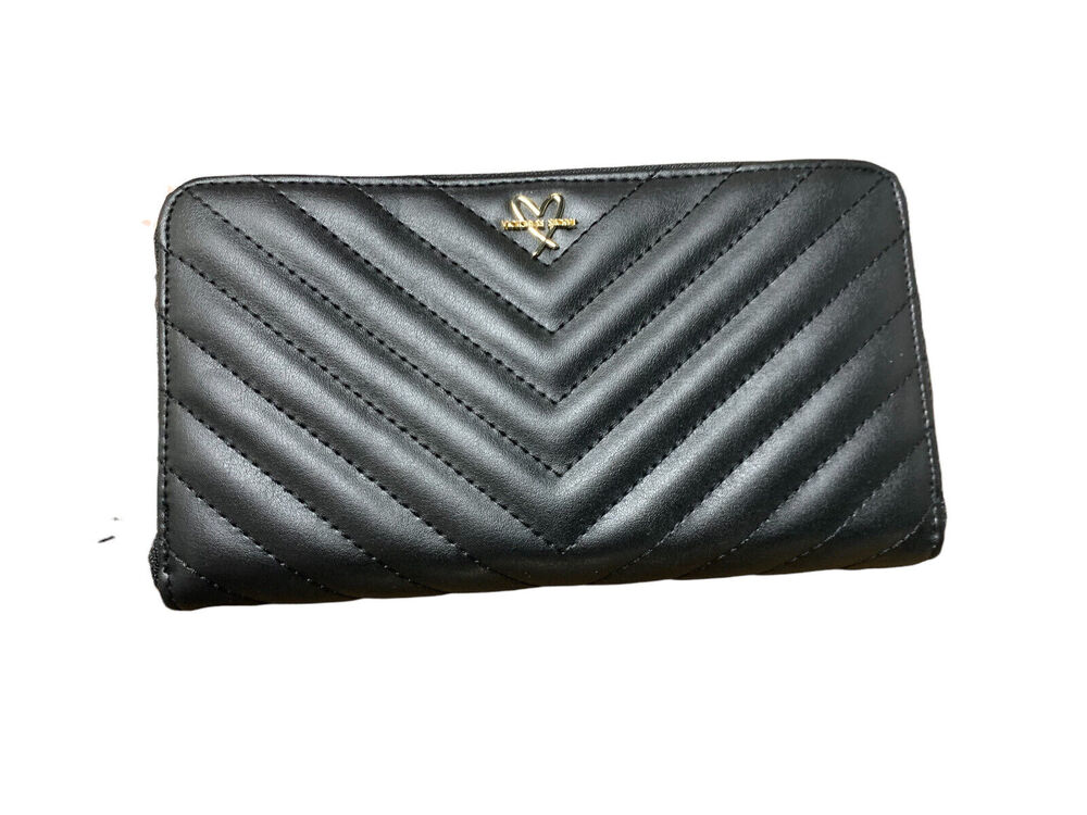 Victoria's Secret Large V-Quilt Zip Around Cellphone Wallet Black Card Case New